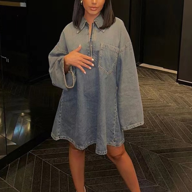 Streetwear Unique Fall Spring Sexy Design Casual Long Sleeve Mini Jean Skirts Denim Blouse Dress Women'S Skirts Casual Dresses
