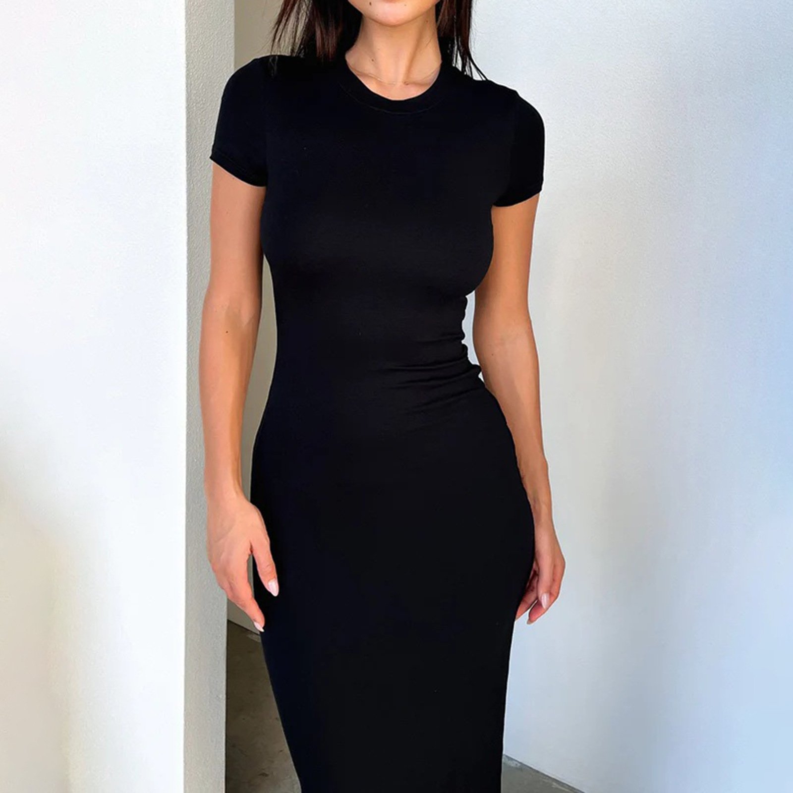 2024 Summer Custom Elegant Ladies Solid Color Long Maxi Dresses O-Neck Short Sleeve Women Casual Dress