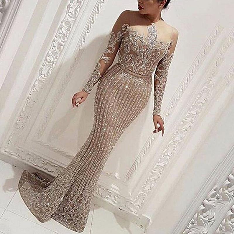 Elegant spring long sleeve party evening dress sequin prom dresses
