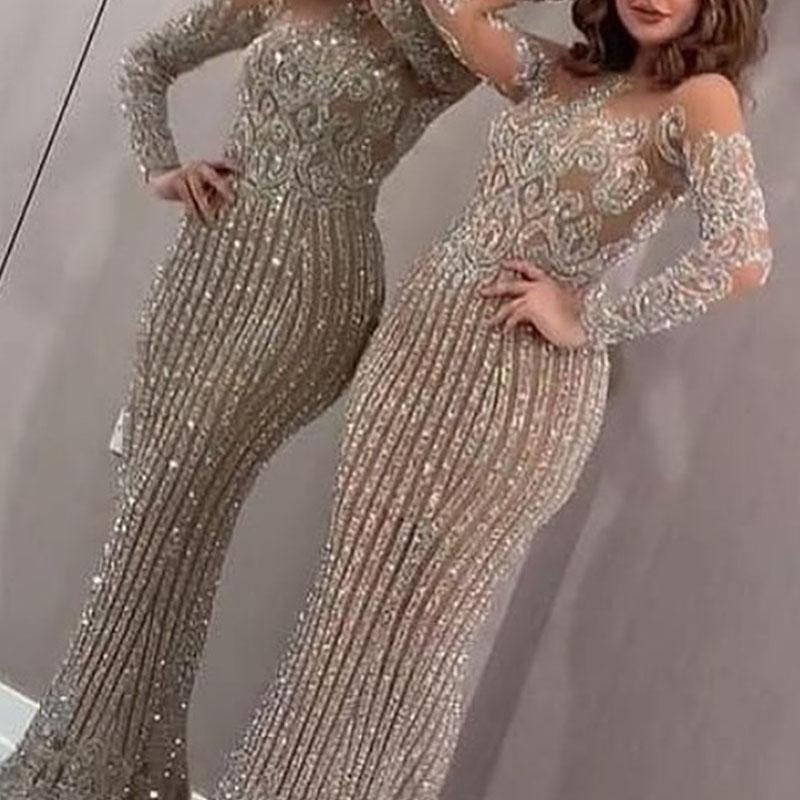 Elegant spring long sleeve party evening dress sequin prom dresses