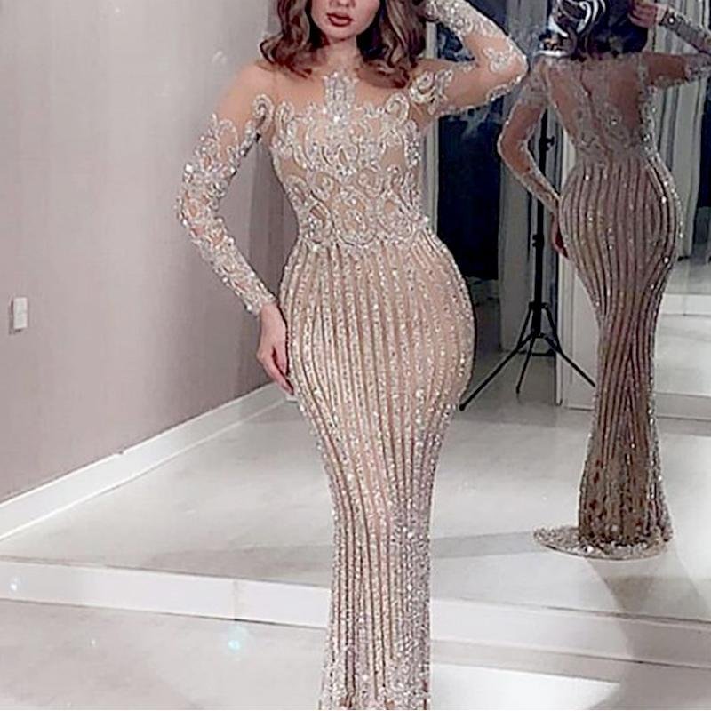 Elegant spring long sleeve party evening dress sequin prom dresses