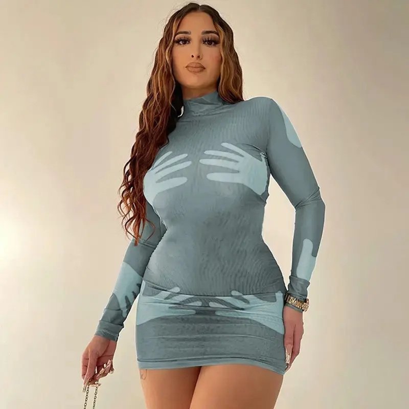Tie Dye Print Long Sleeve Women Mini Dress 2023 New Fashion Club Elegant Party Casual Outfit Dress