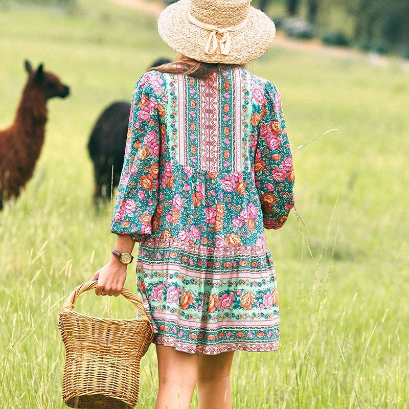 2022 Latest Fashion Floral Print Long Dress Summer Boho lady Elegant Puff Sleeve Midi Chiffon Casual dress For Women Vintage