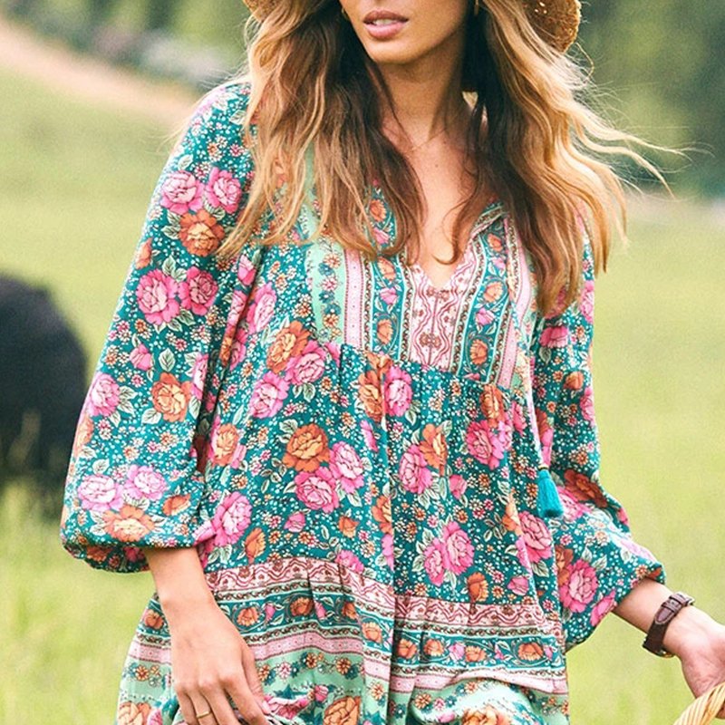 2022 Latest Fashion Floral Print Long Dress Summer Boho lady Elegant Puff Sleeve Midi Chiffon Casual dress For Women Vintage