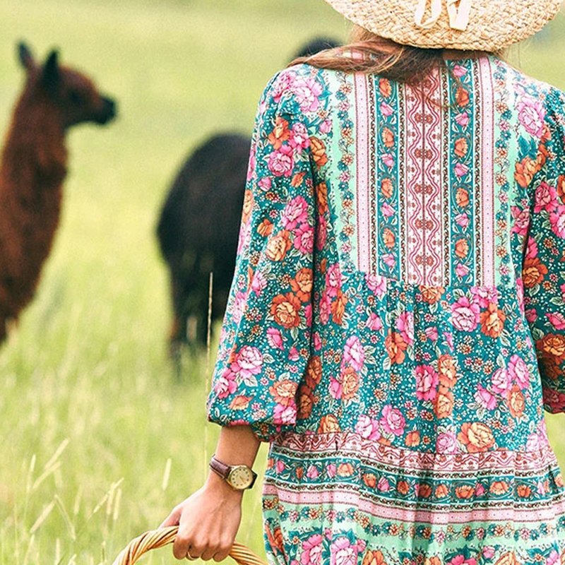 2022 Latest Fashion Floral Print Long Dress Summer Boho lady Elegant Puff Sleeve Midi Chiffon Casual dress For Women Vintage
