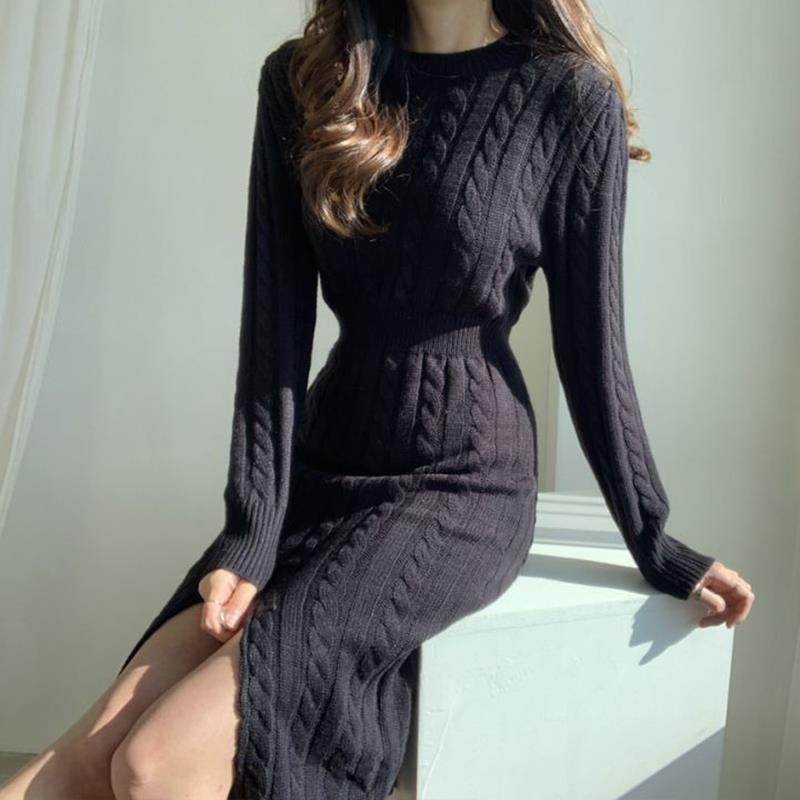 Long sweater over the knee with thick underwear for women's autumn and winter 2023 new knitted dresses women lady elegant