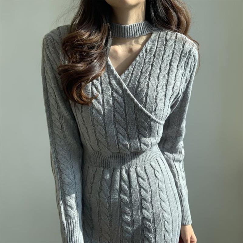 Long sweater over the knee with thick underwear for women's autumn and winter 2023 new knitted dresses women lady elegant