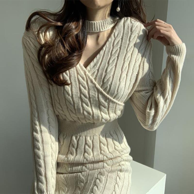 Long sweater over the knee with thick underwear for women's autumn and winter 2023 new knitted dresses women lady elegant