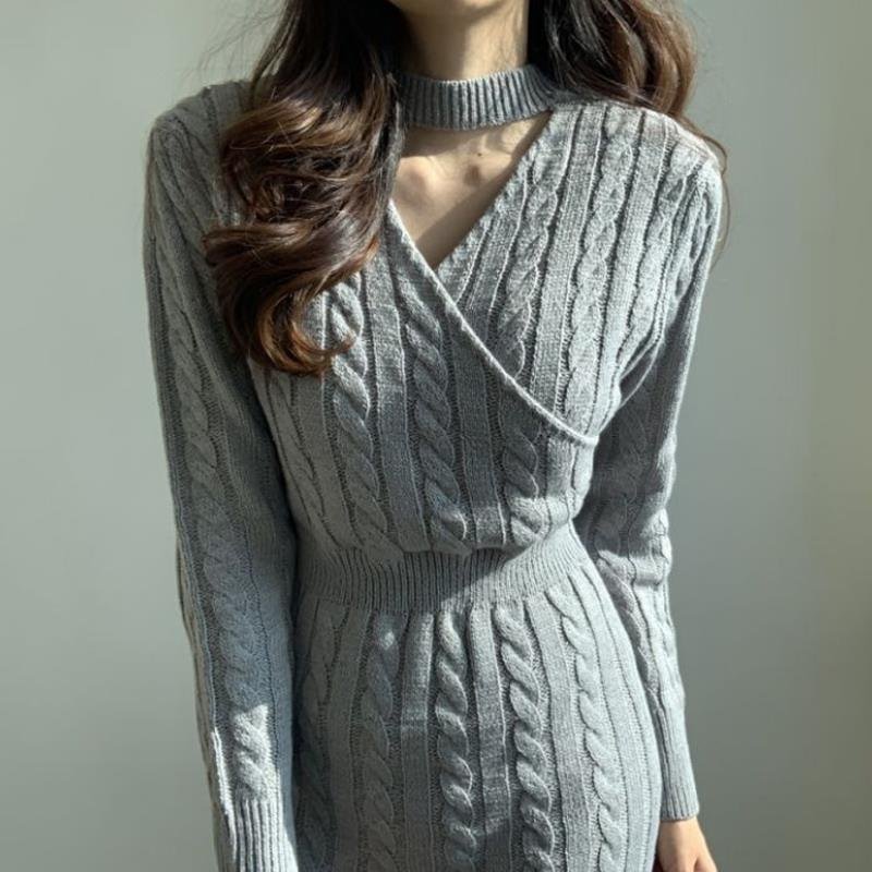 Long sweater over the knee with thick underwear for women's autumn and winter 2023 new knitted dresses women lady elegant