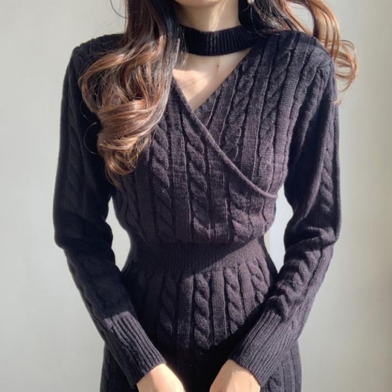 Long sweater over the knee with thick underwear for women's autumn and winter 2023 new knitted dresses women lady elegant