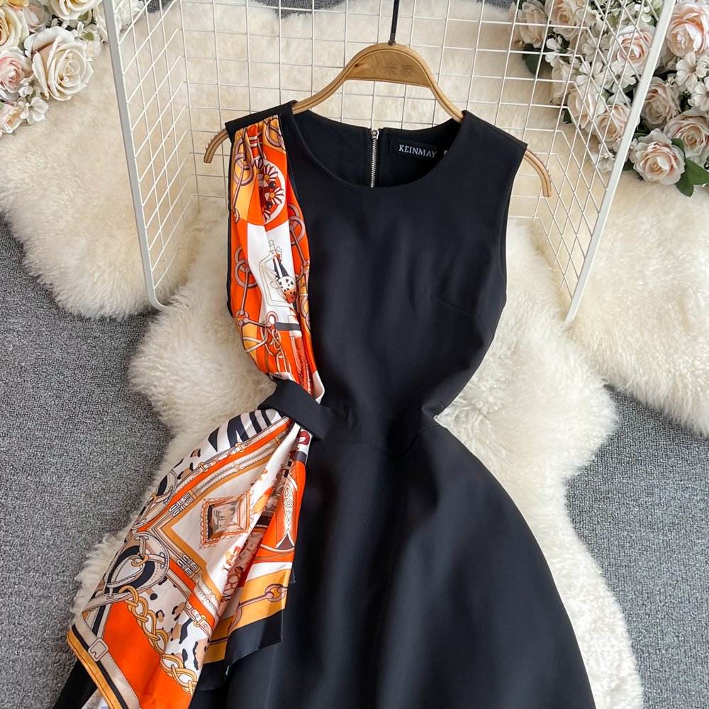 LE2228 Summer Elegant Long Dresses Woman Sleeveless O-Neck Sleeveless A-Line Dress Silk Scarf Design Holiday Party Midi Dresses