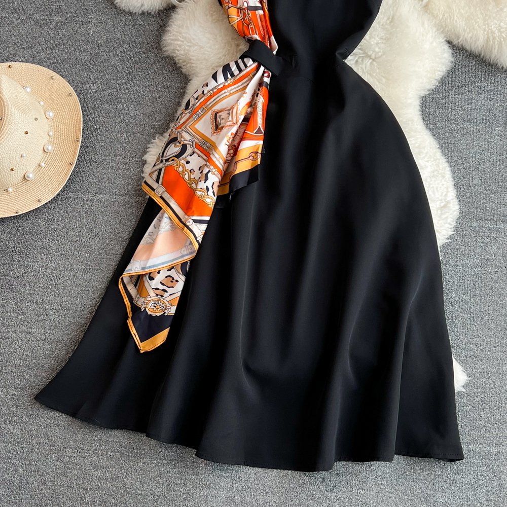 LE2228 Summer Elegant Long Dresses Woman Sleeveless O-Neck Sleeveless A-Line Dress Silk Scarf Design Holiday Party Midi Dresses