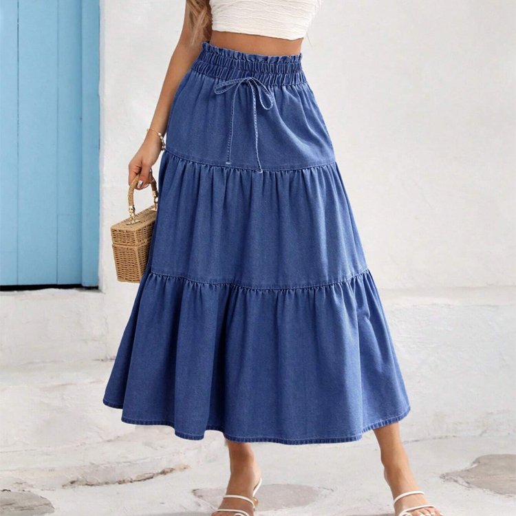 Vintage Casual Long Denim Skirt Elastic Waist Loose Tiered Silhouette Sweet Style Autumn Spring Button Pocket Washed Techniques