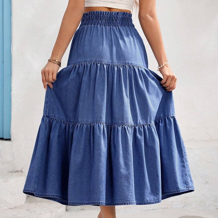 Vintage Casual Long Denim Skirt Elastic Waist Loose Tiered Silhouette Sweet Style Autumn Spring Button Pocket Washed Techniques