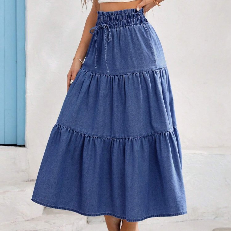 Vintage Casual Long Denim Skirt Elastic Waist Loose Tiered Silhouette Sweet Style Autumn Spring Button Pocket Washed Techniques