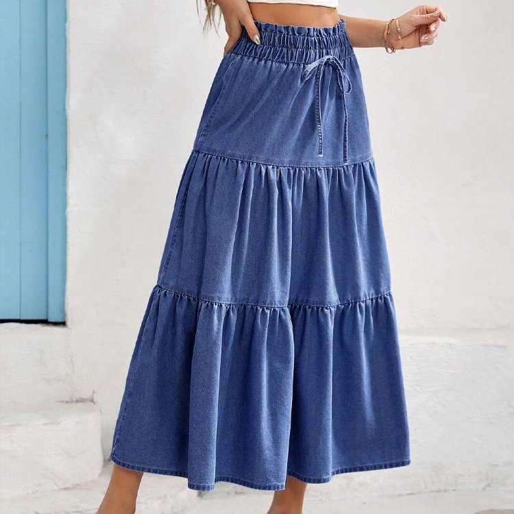 Vintage Casual Long Denim Skirt Elastic Waist Loose Tiered Silhouette Sweet Style Autumn Spring Button Pocket Washed Techniques