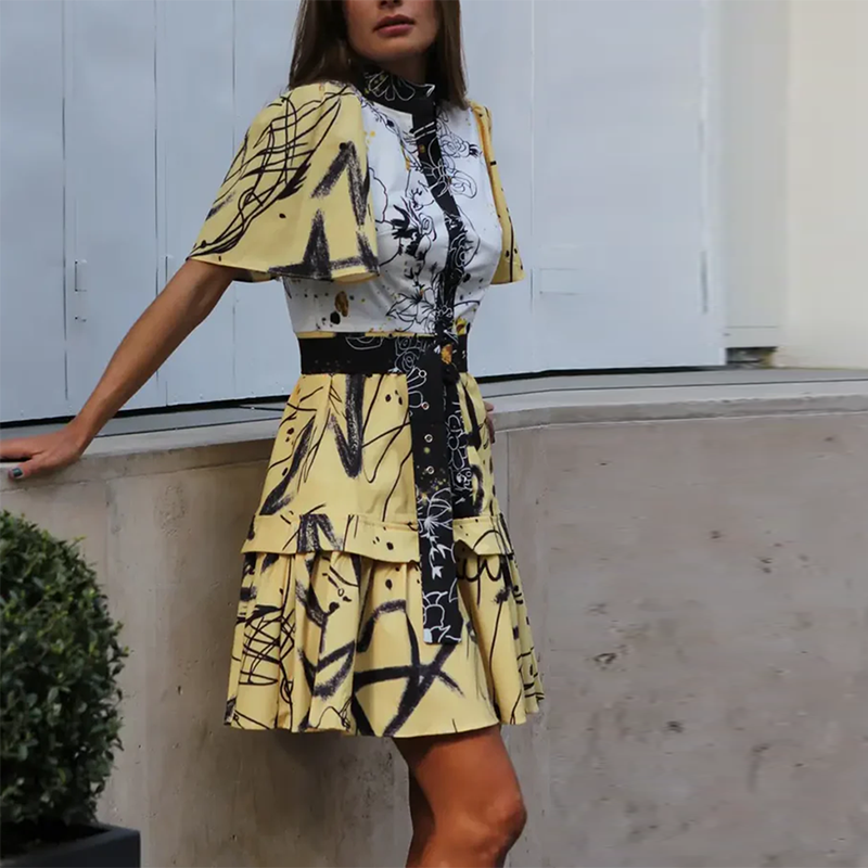 Summer Streetwear Floral Print Women's Dress Round Collar Short Sleeves High Waist Casual Dresses For Women
