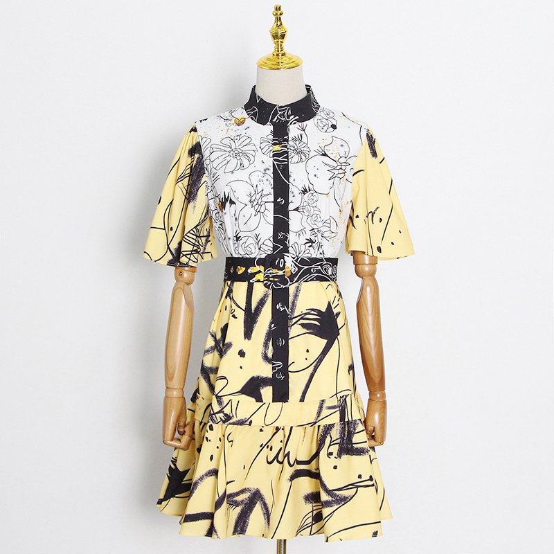 Summer Streetwear Floral Print Women's Dress Round Collar Short Sleeves High Waist Casual Dresses For Women