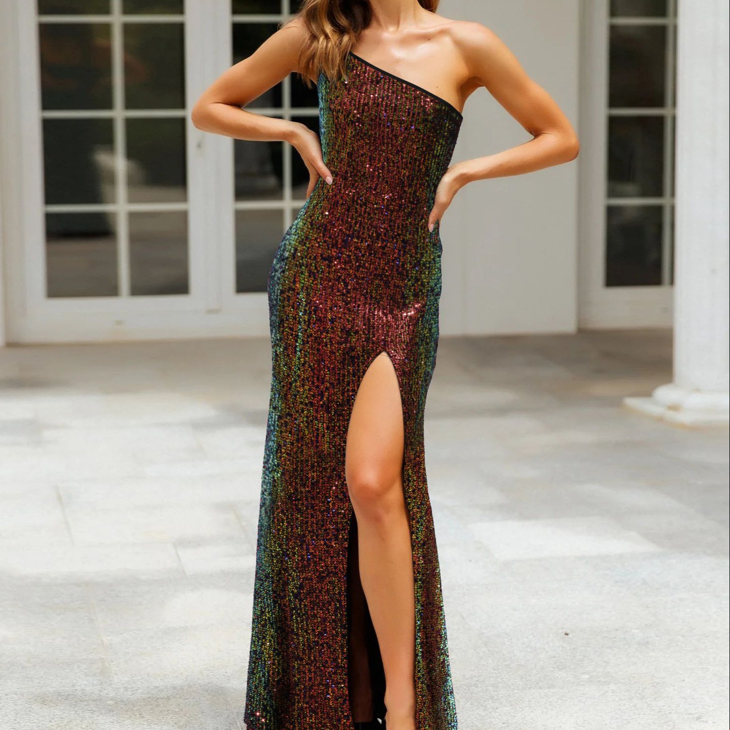 Summer Ladies Party Evening Female One Shoulder Dresses Sequin Patchwork Side Slit Women's Maxi Dress