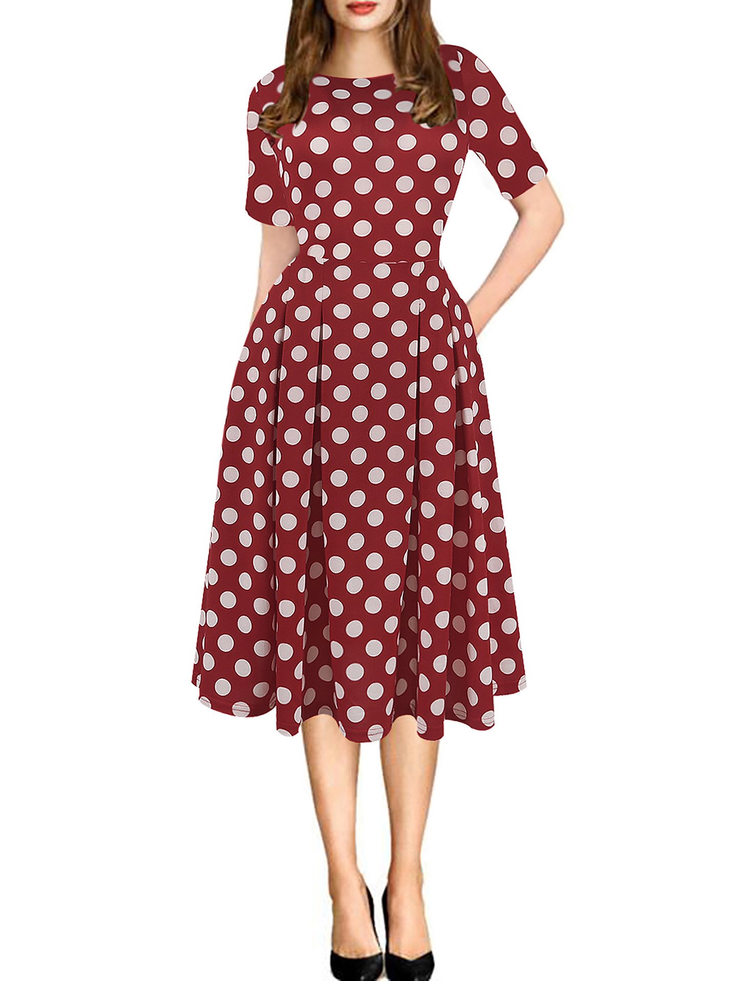 Mid-sleeve splicing high-waisted big swing pocket polka dot pompadour floral casual dresses women