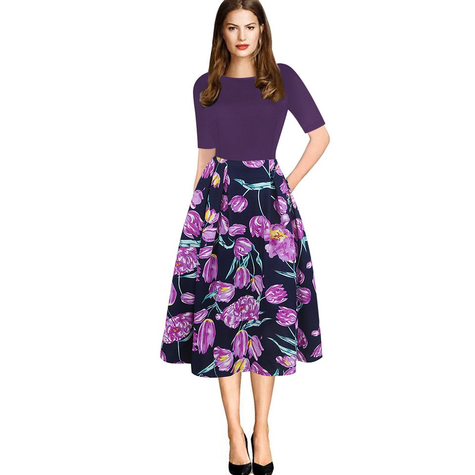 Mid-sleeve splicing high-waisted big swing pocket polka dot pompadour floral casual dresses women