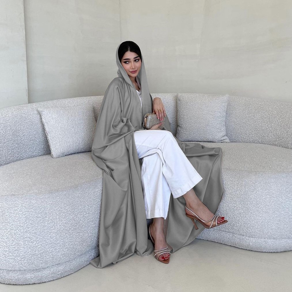 Middle East New Plain Color Soft Satin Clothing Dress Loose Robe Dubai Arab Ladies Batwing Sleeve Dress Cardigan Kaftan Abaya