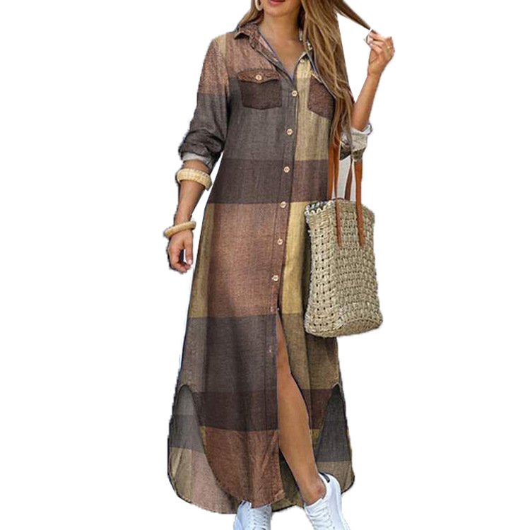 Casual Button-front V Neck Print Single-breasted Printed Split Long Sleeve Loose Shirt Women Maxi Dress Dresses