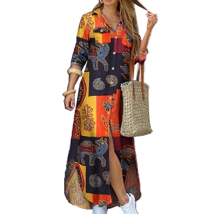 Casual Button-front V Neck Print Single-breasted Printed Split Long Sleeve Loose Shirt Women Maxi Dress Dresses