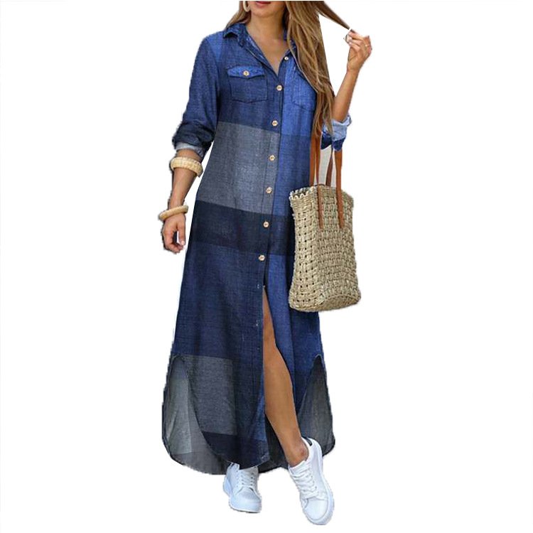 Casual Button-front V Neck Print Single-breasted Printed Split Long Sleeve Loose Shirt Women Maxi Dress Dresses