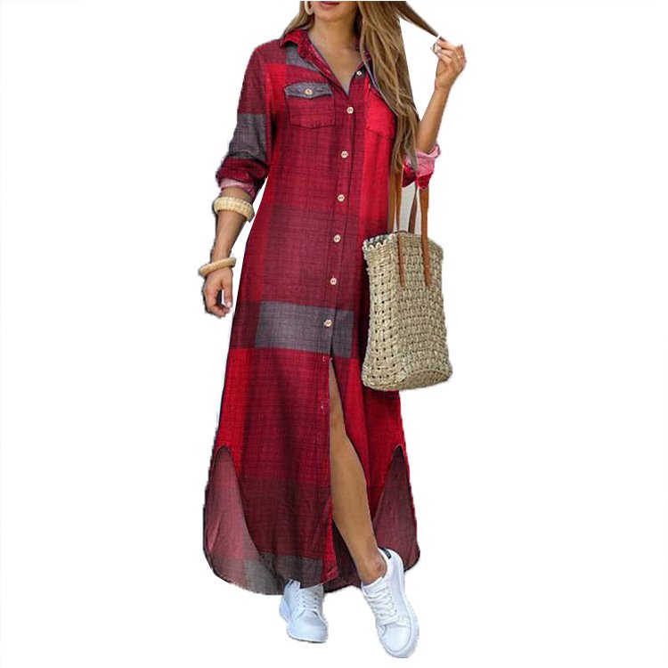 Casual Button-front V Neck Print Single-breasted Printed Split Long Sleeve Loose Shirt Women Maxi Dress Dresses
