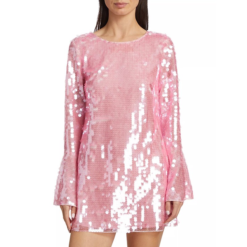 Custom Ladies Mini Dress Sweet Round Neck Long Bell Sleeves Pink Sequin Allover Fashion Party Casual Dress for Women