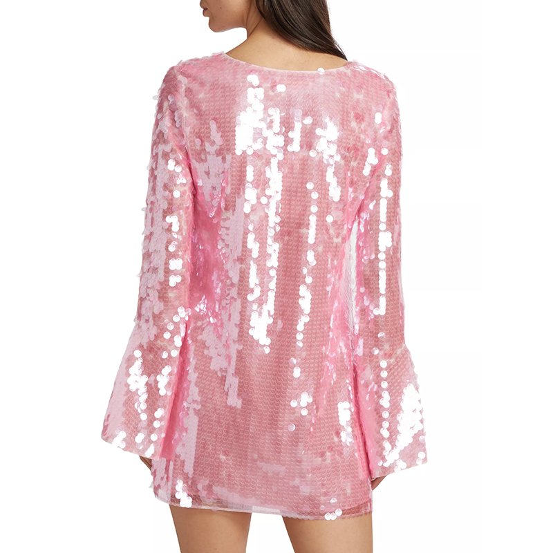Custom Ladies Mini Dress Sweet Round Neck Long Bell Sleeves Pink Sequin Allover Fashion Party Casual Dress for Women