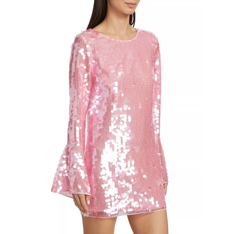 Custom Ladies Mini Dress Sweet Round Neck Long Bell Sleeves Pink Sequin Allover Fashion Party Casual Dress for Women