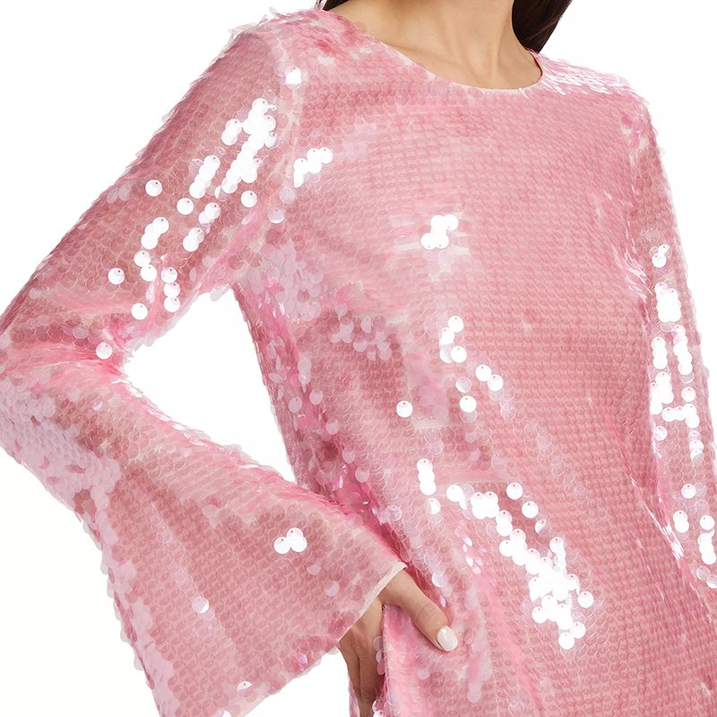 Custom Ladies Mini Dress Sweet Round Neck Long Bell Sleeves Pink Sequin Allover Fashion Party Casual Dress for Women