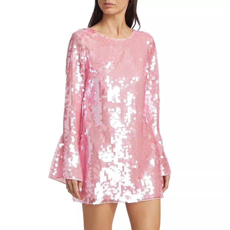 Custom Ladies Mini Dress Sweet Round Neck Long Bell Sleeves Pink Sequin Allover Fashion Party Casual Dress for Women