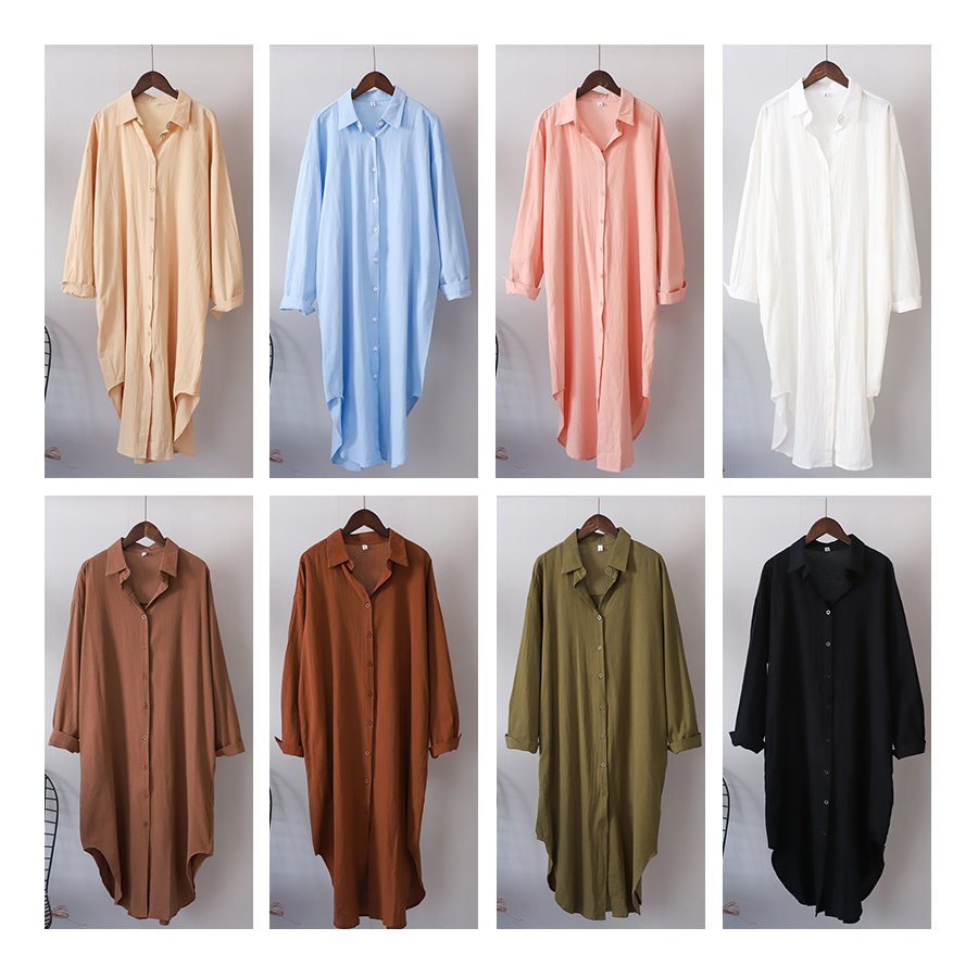 Spring Summer High Quality ladies Long Cotton Linen Shirt Dress Casual Dresses for women