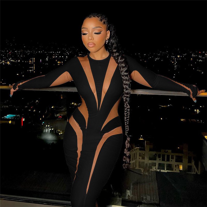 2024 Autumn Winter Elegant Casual Dresses Long Sleeves Mesh See Through Sexy Evening Party Bodycon Maxi Dress For Women