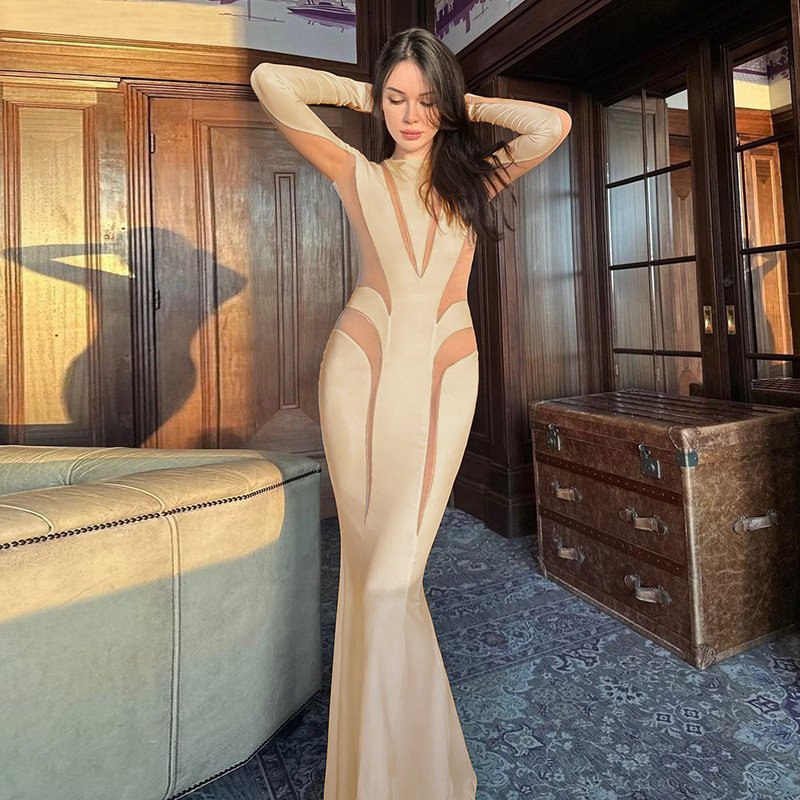 2024 Autumn Winter Elegant Casual Dresses Long Sleeves Mesh See Through Sexy Evening Party Bodycon Maxi Dress For Women