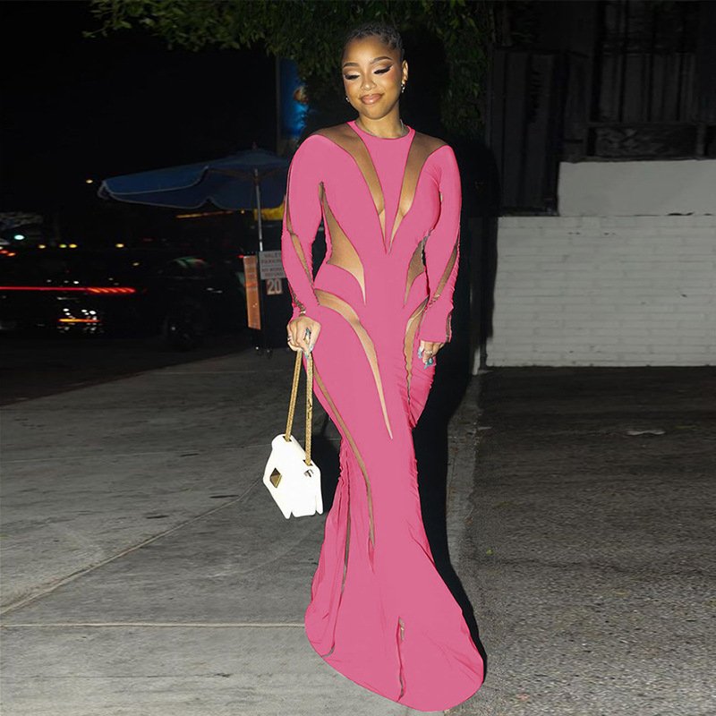 2024 Autumn Winter Elegant Casual Dresses Long Sleeves Mesh See Through Sexy Evening Party Bodycon Maxi Dress For Women