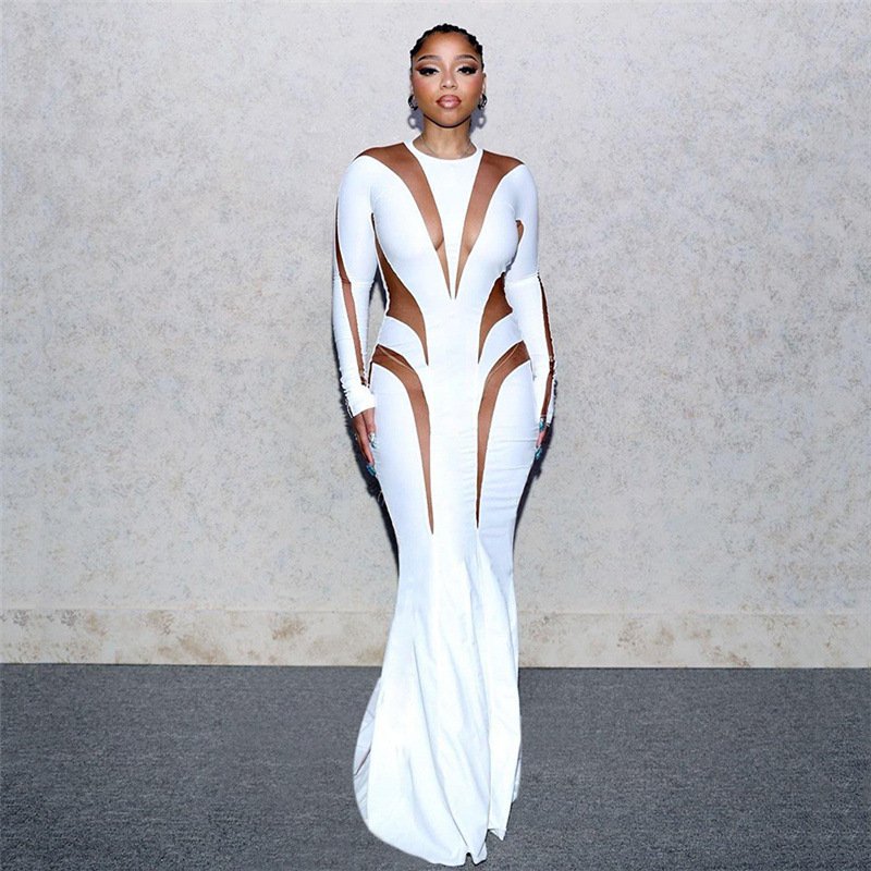2024 Autumn Winter Elegant Casual Dresses Long Sleeves Mesh See Through Sexy Evening Party Bodycon Maxi Dress For Women