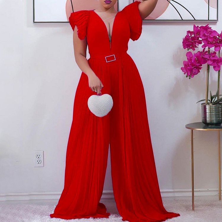 Summer deep V-neck perspective mesh stitch pleated high waist solid color sleeveless wide-leg African women one piece jumpsuit