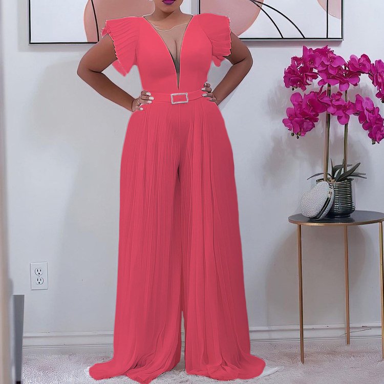 Summer deep V-neck perspective mesh stitch pleated high waist solid color sleeveless wide-leg African women one piece jumpsuit
