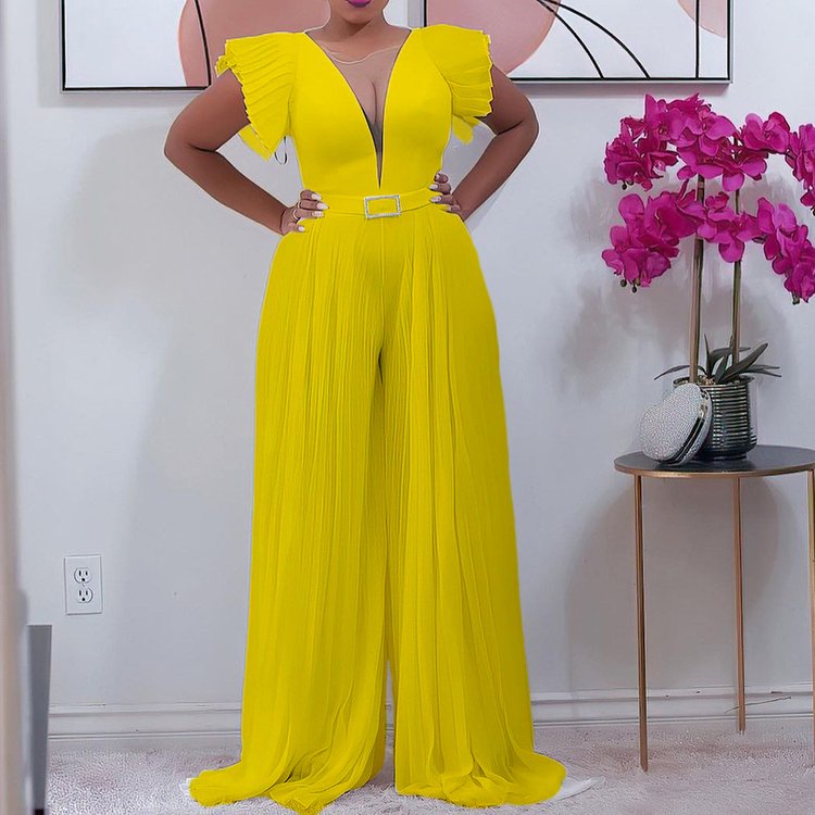 Summer deep V-neck perspective mesh stitch pleated high waist solid color sleeveless wide-leg African women one piece jumpsuit