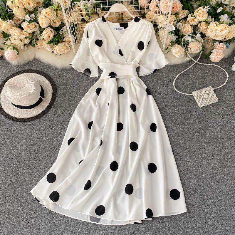 Women's Classic Bandage Waist Slim Mid Length Dress Dot Print Style Trumpet Short Sleeve V-neck Dresses