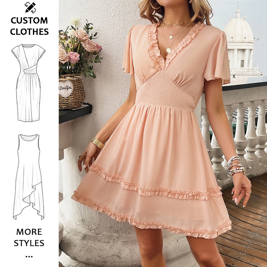 2024 women clothes wholesale summer v neck mini ruffles elegant short sleeve custom oem casual dresses