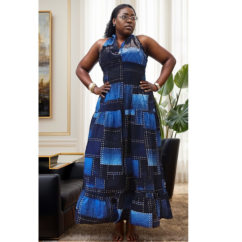 Summer collection fat women maxi casual ladies denim print plus size african party dress for woman