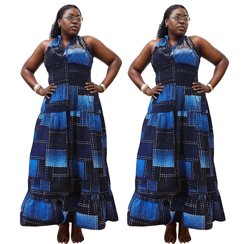 Summer collection fat women maxi casual ladies denim print plus size african party dress for woman