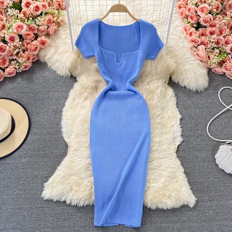 9color Summer New woman Tight Square Neck dresses women Short Sleeve Casual Knitted Dress