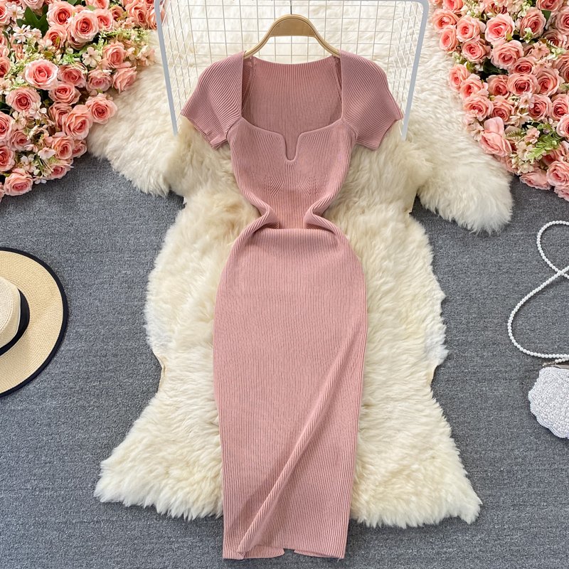 9color Summer New woman Tight Square Neck dresses women Short Sleeve Casual Knitted Dress