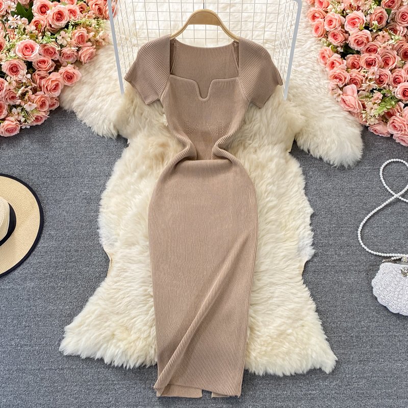 9color Summer New woman Tight Square Neck dresses women Short Sleeve Casual Knitted Dress